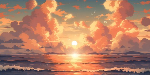 Pixel art sunset over the ocean with cloud and sky.  illustration. Anime Style.