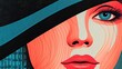 Beautiful model with a very pleasant face in a large spectator hat over the top of an pop art background
