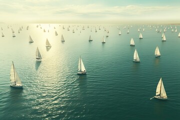 Aerial view of many sailboats sailing in the water