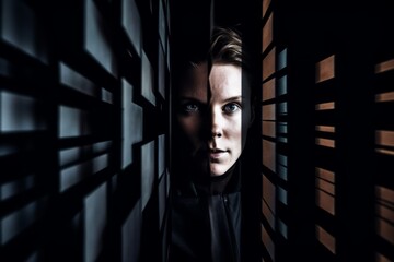 a woman in a dark room looking through a window