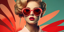 Retro Style Pastel Colors Summer Background. Fashion Woman Wearing Big Sunglasses. Generative AI