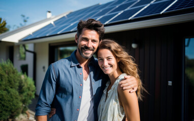 happy caucasian couple standing on front of a house with solar panels. ai generative