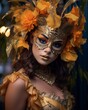 a woman in a gold mask with flowers on her face