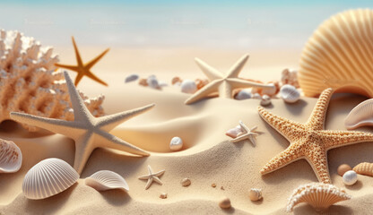 Summer vacation and travel concept with shells and starfishand on the beach. For banners, backgrounds, covers, wallpapers and other projecrs.