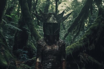 Wall Mural - a woman in armor standing in the middle of a forest