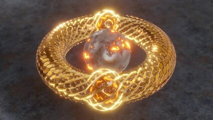 Poster - Loop 3d animation of a fantastic ring made of many hexagonal elements. Clumps of plasma and energy are moving along the ring. The ring swells at the location of the ball lightning.