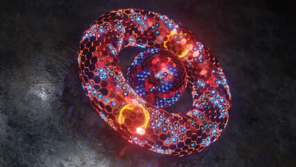 Poster - loop 3d animation of a fantastic torus. a ring of many hexagonal elements and rays of glowing light.