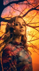 Wall Mural - a woman with long hair standing in front of a tree at sunset
