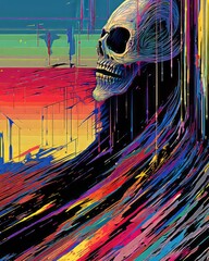 Sticker - an abstract painting of a skull on a wave