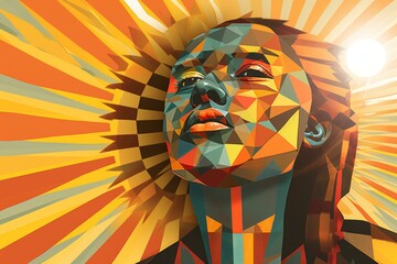 Sticker - an abstract painting of a womans face with a sun in the background