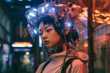 Wall Mural - an asian woman with headphones on in a city at night