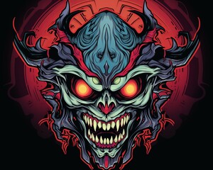 Wall Mural - an evil demon head with red eyes on a black background