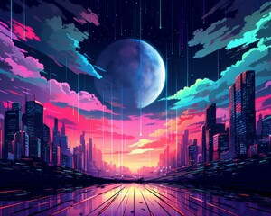 Wall Mural - an illustration of a city at night with the moon in the sky