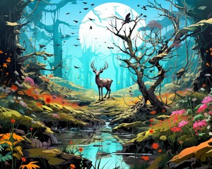 an illustration of a deer in a forest with flowers and trees