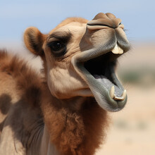 Camel Laughs, Smiles, Rejoices, Close-up Portrait, Funny Photo With Animals Pets 