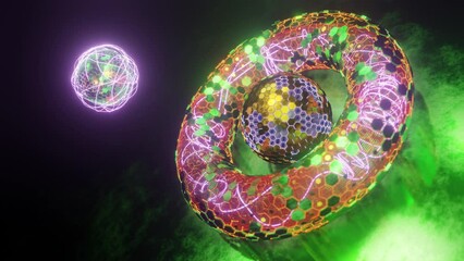 Poster - Loop 3d animation. Abstract geometric figure of a set of hexagons. A torus of metal segments and a spherical core in the center. Futuristic composition for abstract background screensavers.