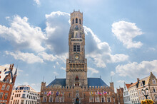 The Belfry Of Bruges, A Medieval Bell Tower In The Centre Of Bruges, Belgium. One Of The City's Most Prominent Symbols, The Belfry Formerly Housed A Treasury And The Municipal Archives