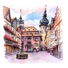 Watercolor Sketch Of Cochem Town Hall, Saint Martin Church And Market Square, Germany