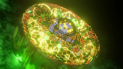 Poster - Loop 3d animation of a fantastic torus. A ring of many hexagonal elements and rays of glowing light. In the center is a core of hexagons. Futuristic design, abstract background.