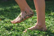 The Concept Of Summer, Ecology. Unity With Nature. Bare Feet In The Grass