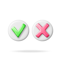 Poster - 3D Right and Wrong Button Shape. Green Yes and Red No Correct Incorrect Sign. Checkmark Tick Rejection, Cancel, Error, Stop, Negative, Agreement Approval or Trust Symbol. Vector Illustration