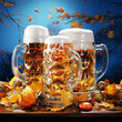 Mugs of beer with foam on an autumn background. Oktoberfest concept.