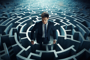 Businessman trying to escape maze. High quality photo