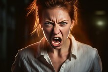 Angry Woman With Red Hair Screaming In The Dark
