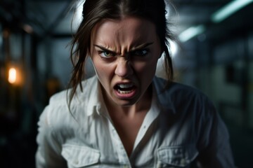 Wall Mural - angry woman with angry face in dark room