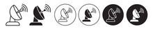 Space Satellite Dish Icon Set. Tv Network Transmission Antenna Vector Symbol In Black Color. Channel Broadcasting Dish Sign. Telescope Data Receiver Pictogram. 
