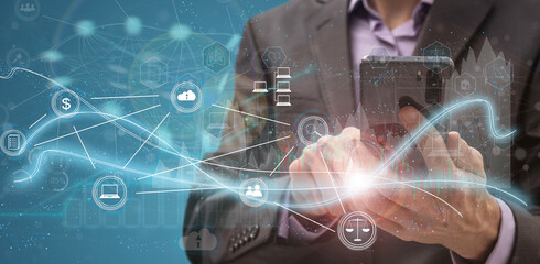 Aufkleber - Businessman on blurred background using tech devices and icons thin line interface