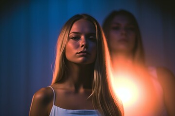 Wall Mural - beautiful young woman with glowing light in the background