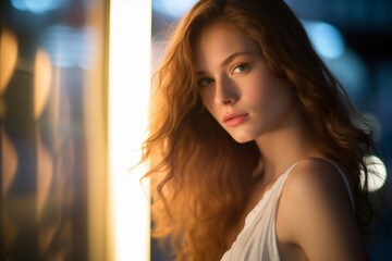 Wall Mural - beautiful young woman with long red hair posing in front of a window