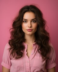 Wall Mural - beautiful young woman with long wavy hair on pink background