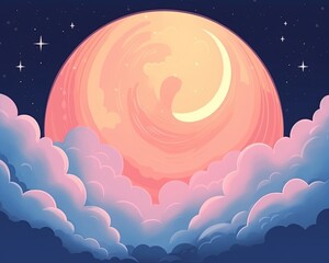 Wall Mural - cartoon illustration of the moon in the sky with clouds