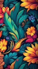 Wall Mural - colorful flowers and leaves on a black background