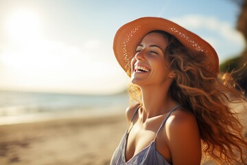 Wall Mural - Happy beautiful young woman smiling at the beach side - Delightful girl enjoying sunny day out - Healthy lifestyle concept with female laughing outside generative AI