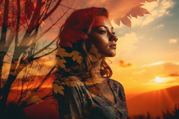 Wall Mural - double exposure photo of a beautiful woman with autumn leaves in the background