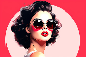 Beaut, fashion and style concept. Retro style fashion woman wearing trendy sunglasses portrait illustration. Illustrative minimalistic design. Pin up girl fashion style. Generative AI