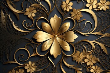 Wall Mural - golden floral design on a black background