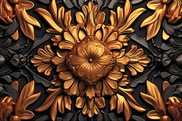 Wall Mural - golden floral design on black background