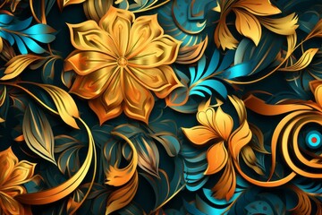 Wall Mural - golden flowers and leaves on a dark blue background