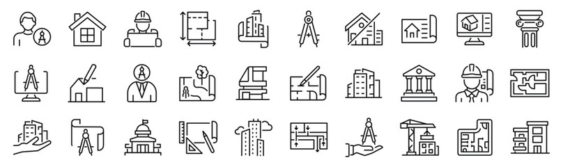 set of outline icons related to building, architecture, house, design. linear icon collection. edita