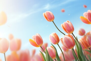 Poster - Beautiful spring tulips flying on light background.