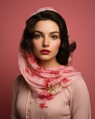 Wall Mural - portrait of a beautiful woman wearing a pink scarf on a pink background