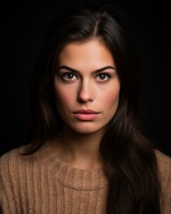 Wall Mural - portrait of a beautiful young woman with long brown hair on a black background