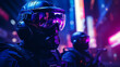 Special forces soldiers in futuristic neon pink purple city nightlife scene cyberpunk - Generative AI