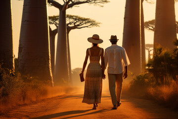 Wall Mural - Young couple traveling and walking in Madagascar. Road with baobab alley in background. Man and woman view from behind. Sunset summer background. Generative AI