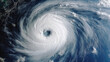 Hurricane from space. Satellite view. Super typhoon over the ocean. The eye of the hurricane. Weather background.