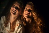 Fototapeta Młodzieżowe - two young women are smiling in the dark